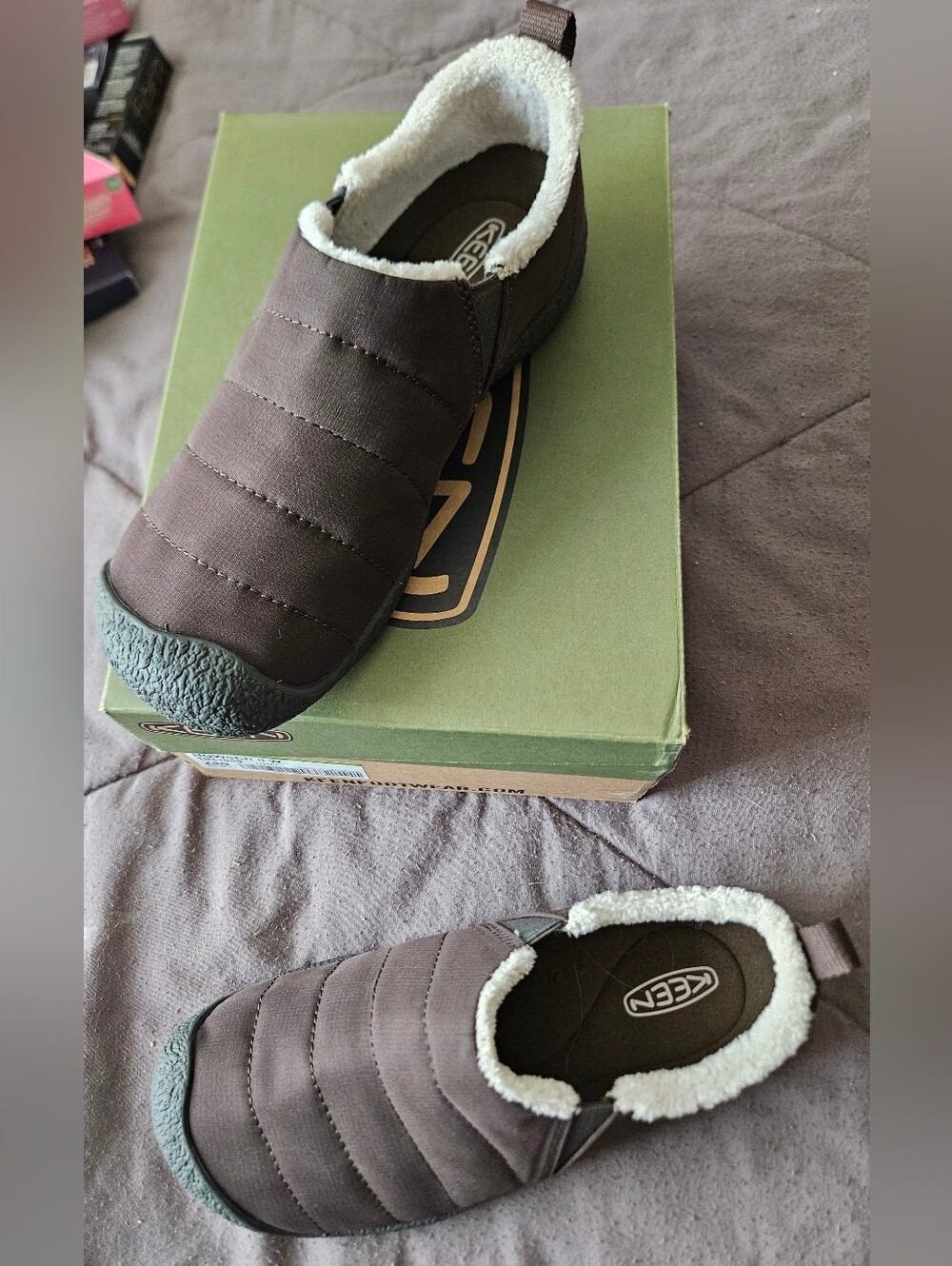 Keen Brown Quilted Slip-On Shoes with White Faux Shearling Trim